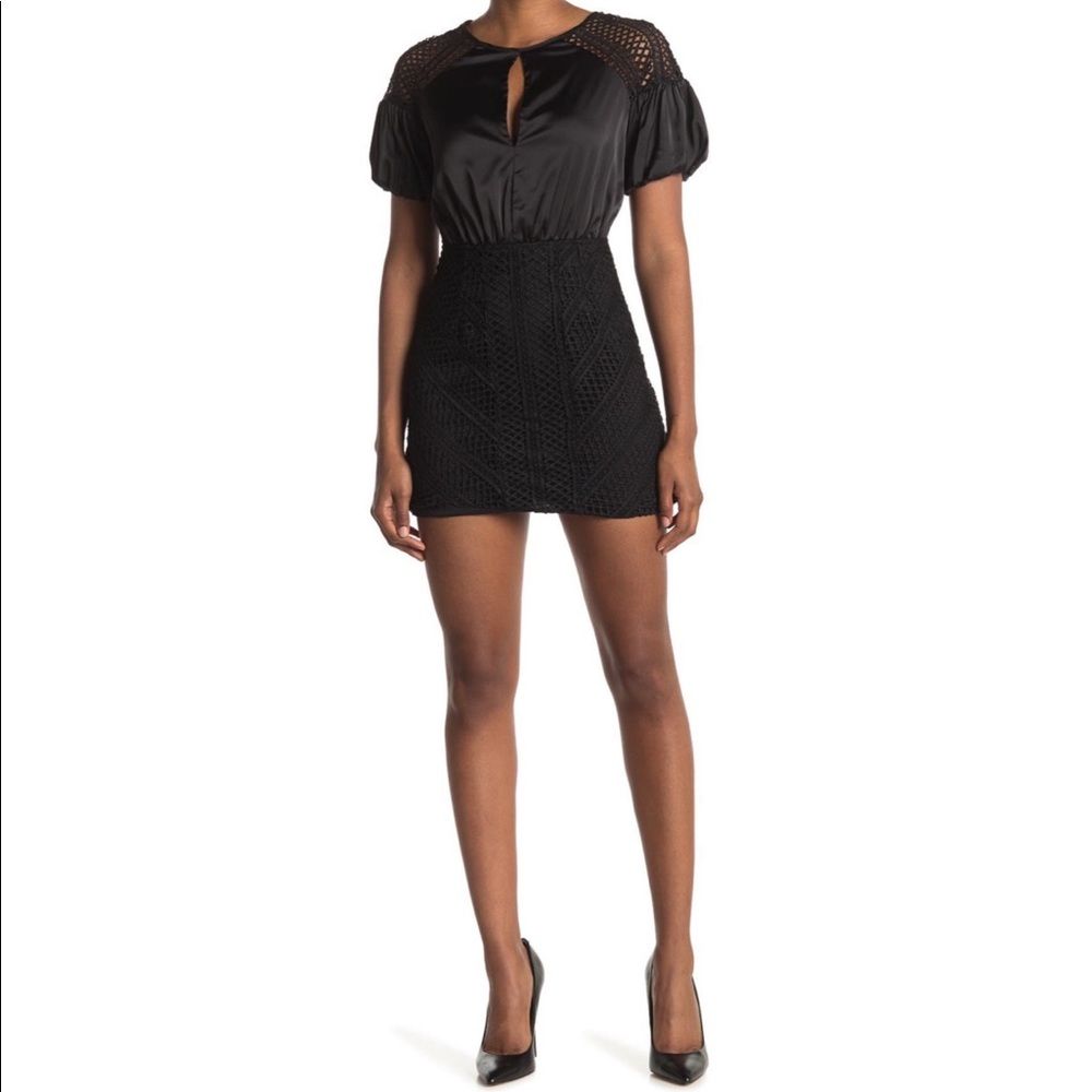 Do+Be Satin and Crochet Puff Sleeve Dress